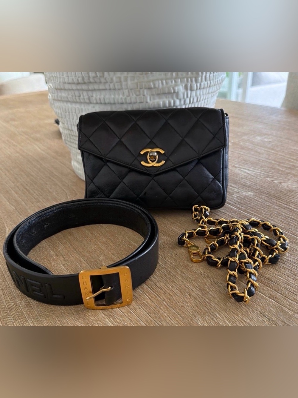 CHANEL Black Quilted Lambskin waist belt bag with Chain Gold Hardware